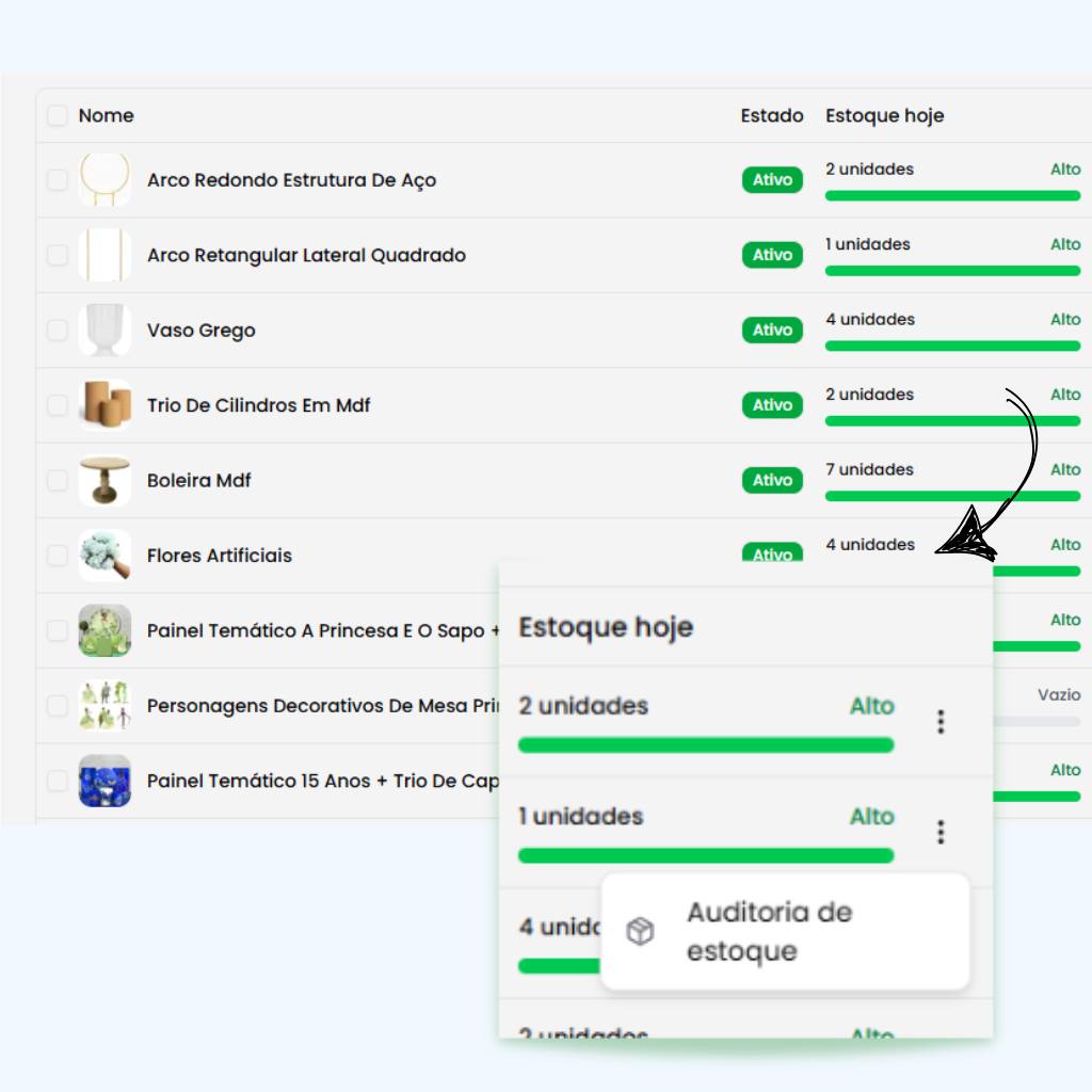 Interface do software de gestão de inventário mostrando lista de equipamentos como bicicletas e produtos desportivos